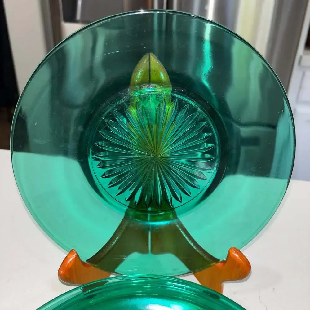 Vintage Emerald Green Pressed Glass Starburst Center Salad Plates Set of 5